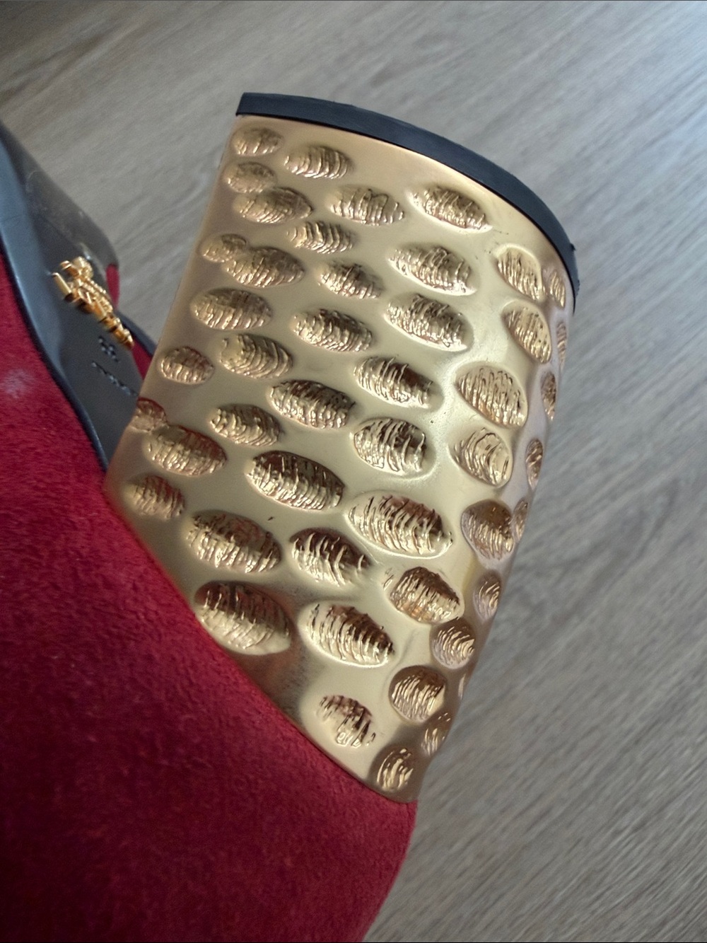 Prada Red Suede Mary Jane Heels with Gold Studs and Sculpted Heel - Picture 7 of 13